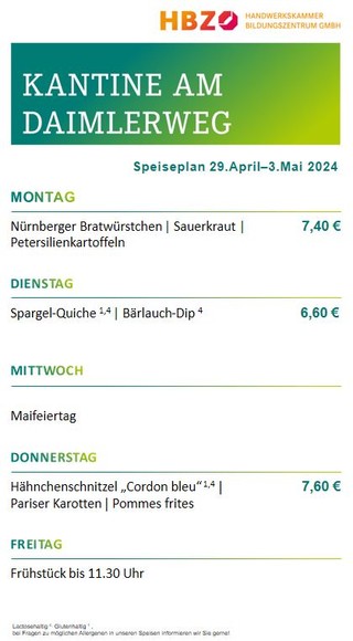Speiseplan Kantine am Daimlerweg 29. April - 3. Mai 2024