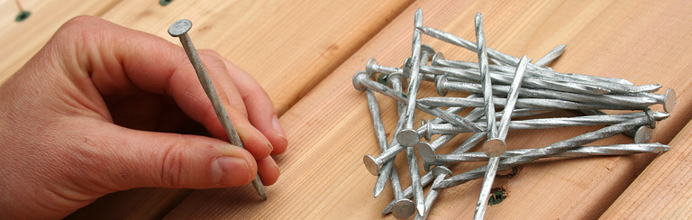 Nahansicht der Hand eines Handwerkers, welche einen Nagel hält. Neben der Hand sind einige Nägel auf Holz zu sehen.