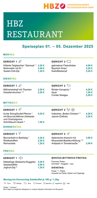 Das Bild zeigt den Speiseplan des HBZ Restaurants für die Woche vom 15. bis 19. September 2025 mit verschiedenen Gerichten und Preisen.