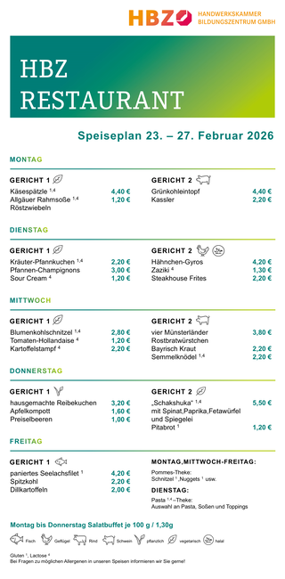 Das Bild zeigt den Speiseplan des HBZ Restaurants für die Woche vom 15. bis 19. September 2025 mit verschiedenen Gerichten und Preisen.