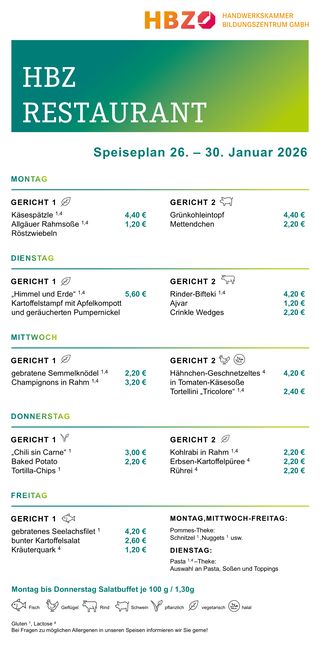 Das Bild zeigt den Speiseplan des HBZ Restaurants für die Woche vom 15. bis 19. September 2025 mit verschiedenen Gerichten und Preisen.
