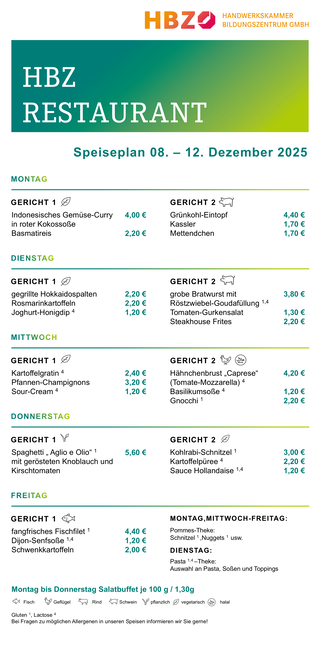 Das Bild zeigt den Speiseplan des HBZ Restaurants für die Woche vom 15. bis 19. September 2025 mit verschiedenen Gerichten und Preisen.