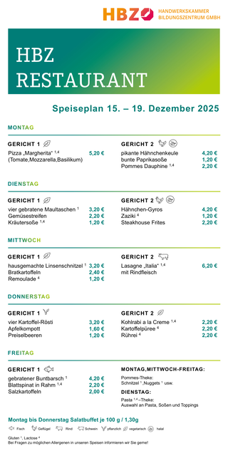 Das Bild zeigt den Speiseplan des HBZ Restaurants für die Woche vom 15. bis 19. September 2025 mit verschiedenen Gerichten und Preisen.