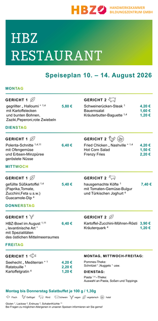 Das Bild zeigt den Speiseplan des HBZ Restaurants für die Woche vom 15. bis 19. September 2025 mit verschiedenen Gerichten und Preisen.