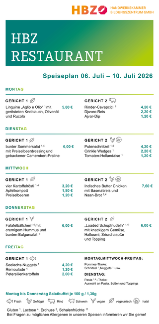 Das Bild zeigt den Speiseplan des HBZ Restaurants für die Woche vom 15. bis 19. September 2025 mit verschiedenen Gerichten und Preisen.