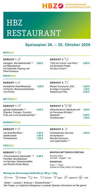 Das Bild zeigt den Speiseplan des HBZ Restaurants für die Woche vom 15. bis 19. September 2025 mit verschiedenen Gerichten und Preisen.