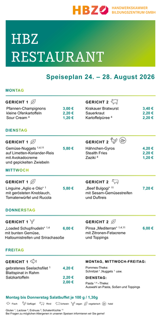 Das Bild zeigt den Speiseplan des HBZ Restaurants für die Woche vom 15. bis 19. September 2025 mit verschiedenen Gerichten und Preisen.