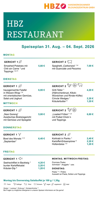 Das Bild zeigt den Speiseplan des HBZ Restaurants für die Woche vom 15. bis 19. September 2025 mit verschiedenen Gerichten und Preisen.