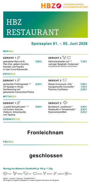 Das Bild zeigt den Speiseplan des HBZ Restaurants für die Woche vom 15. bis 19. September 2025 mit verschiedenen Gerichten und Preisen.