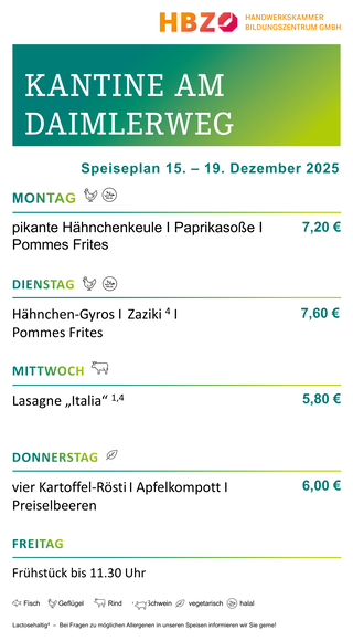 Das Bild zeigt den Speiseplan der Kantine am Daimlerweg für die Woche vom 28. Juni bis 1. August 2025, mit Frühstückszeiten von 11:00 Uhr.