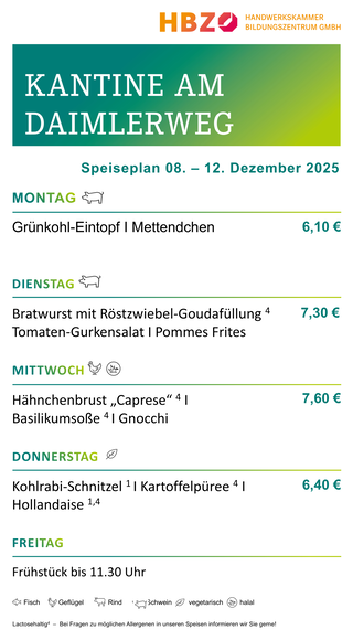 Das Bild zeigt den Speiseplan der Kantine am Daimlerweg für die Woche vom 28. Juni bis 1. August 2025, mit Frühstückszeiten von 11:00 Uhr.