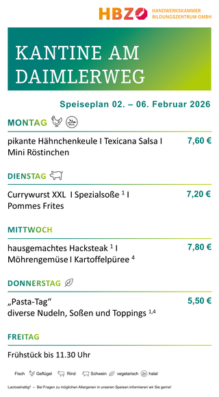 Das Bild zeigt den Speiseplan der Kantine am Daimlerweg für die Woche vom 28. Juni bis 1. August 2025, mit Frühstückszeiten von 11:00 Uhr.