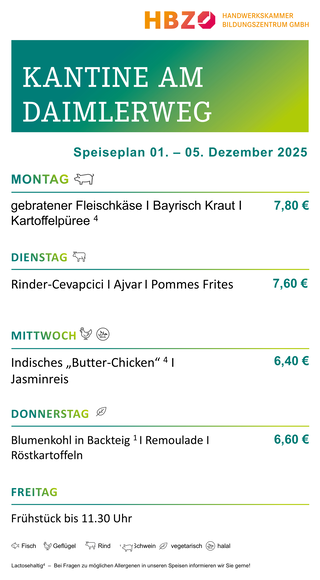 Das Bild zeigt den Speiseplan der Kantine am Daimlerweg für die Woche vom 28. Juni bis 1. August 2025, mit Frühstückszeiten von 11:00 Uhr.