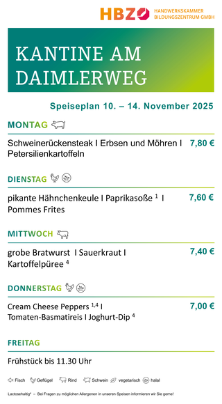 Das Bild zeigt den Speiseplan der Kantine am Daimlerweg für die Woche vom 28. Juni bis 1. August 2025, mit Frühstückszeiten von 11:00 Uhr.