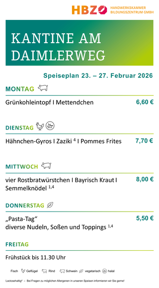 Das Bild zeigt den Speiseplan der Kantine am Daimlerweg für die Woche vom 28. Juni bis 1. August 2025, mit Frühstückszeiten von 11:00 Uhr.