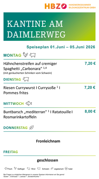 Das Bild zeigt den Speiseplan der Kantine am Daimlerweg für die Woche vom 28. Juni bis 1. August 2025, mit Frühstückszeiten von 11:00 Uhr.