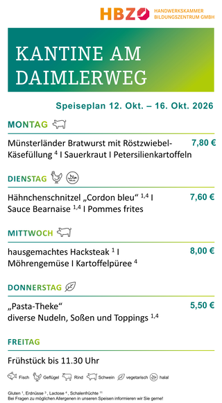 Das Bild zeigt den Speiseplan der Kantine am Daimlerweg für die Woche vom 28. Juni bis 1. August 2025, mit Frühstückszeiten von 11:00 Uhr.