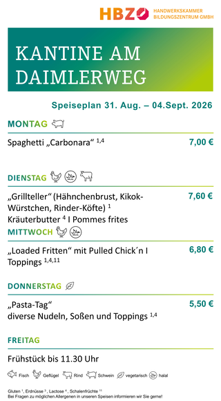 Das Bild zeigt den Speiseplan der Kantine am Daimlerweg für die Woche vom 28. Juni bis 1. August 2025, mit Frühstückszeiten von 11:00 Uhr.