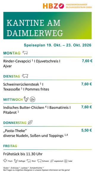 Das Bild zeigt den Speiseplan der Kantine am Daimlerweg für die Woche vom 28. Juni bis 1. August 2025, mit Frühstückszeiten von 11:00 Uhr.