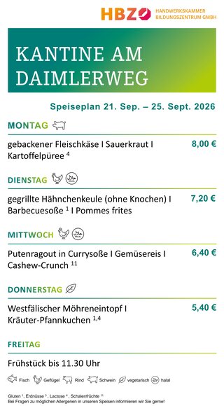 Das Bild zeigt den Speiseplan der Kantine am Daimlerweg für die Woche vom 28. Juni bis 1. August 2025, mit Frühstückszeiten von 11:00 Uhr.