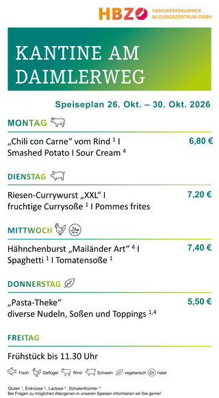Das Bild zeigt den Speiseplan der Kantine am Daimlerweg für die Woche vom 28. Juni bis 1. August 2025, mit Frühstückszeiten von 11:00 Uhr.