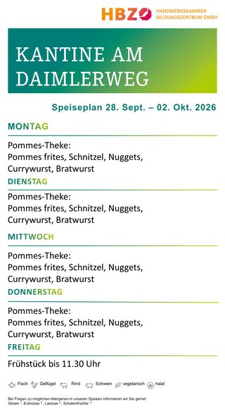 Das Bild zeigt den Speiseplan der Kantine am Daimlerweg für die Woche vom 28. Juni bis 1. August 2025, mit Frühstückszeiten von 11:00 Uhr.